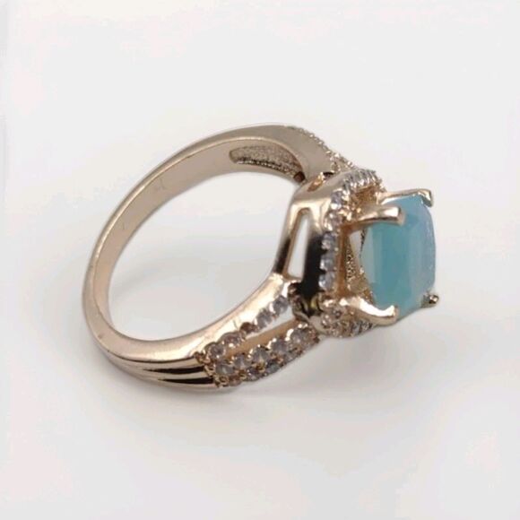 Asscher Cut Aqua Chalcedony Zircon 61 Stone Gold Overlay Ring Size 7 + Box Gift - Picture 5 of 6